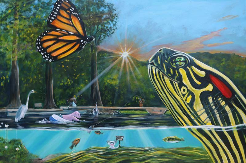 Graphic of a pond with different species, including ducks and a butterfly