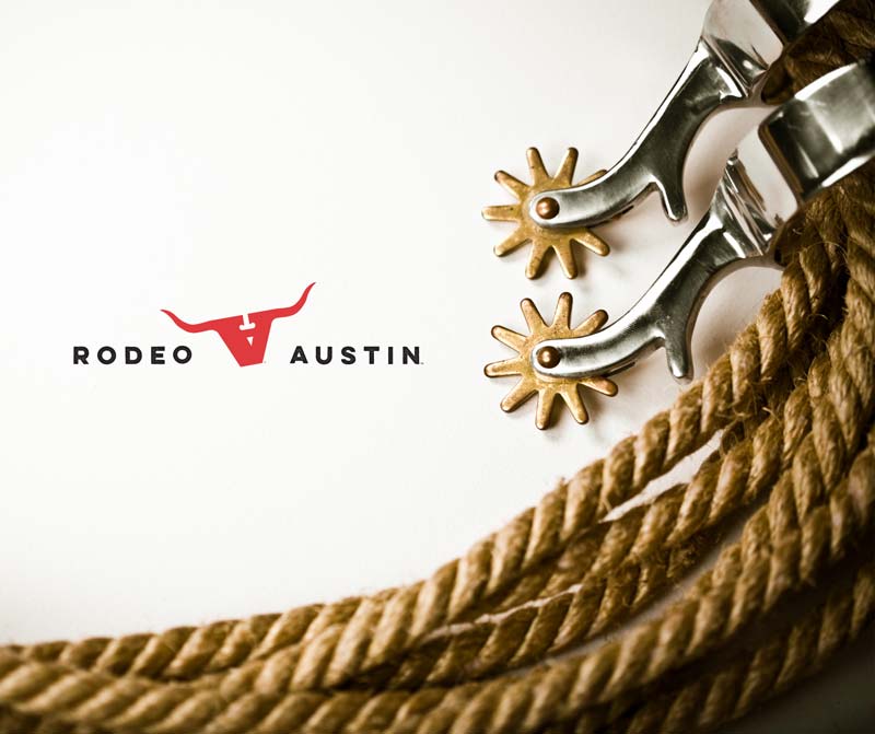 Graphic of spurs and lasso next to superimposed text reading Rodeo Austin