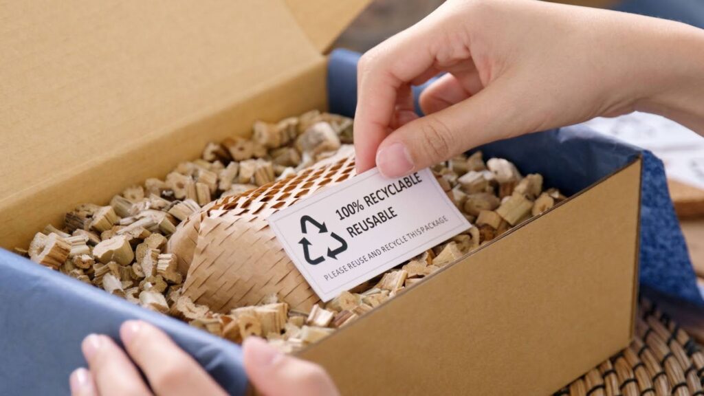 Hand holding a small label reading "100 Recyclable Reusable" over a box.